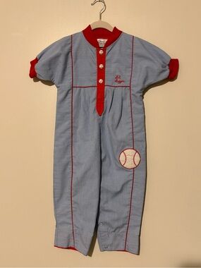 Vintage Little Slugger Blue & Red Baseball Romper Small Steps 24M